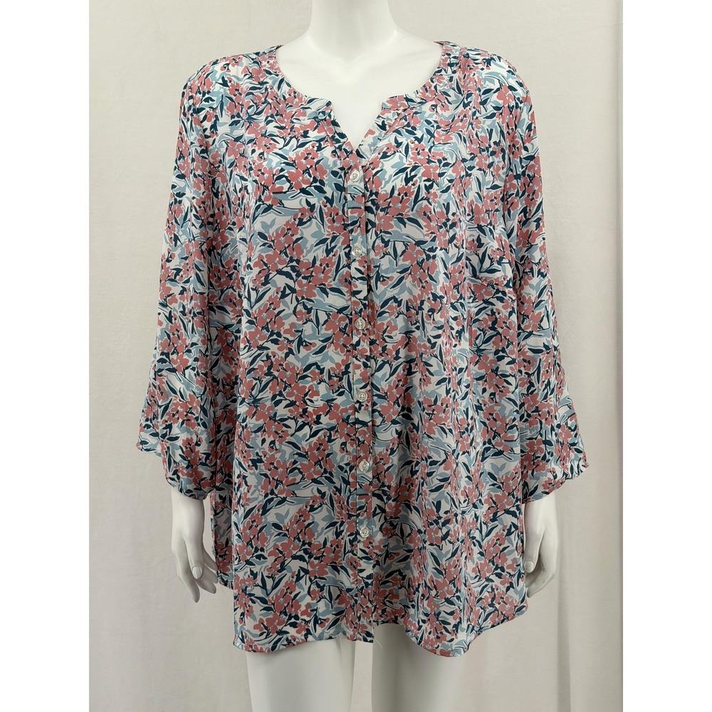 Catherines Top Womens 2X Red Blue Floral Button Up Sheer Spring Office Boho Airy